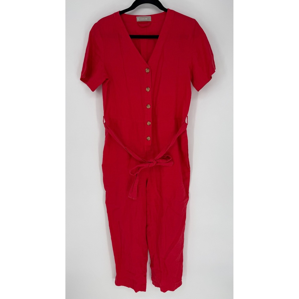EVERLANE LINEN SHORT SLEEVE JUMPSUIT RED SIZE 2 BELTED LOOSE FIT 100% LINEN